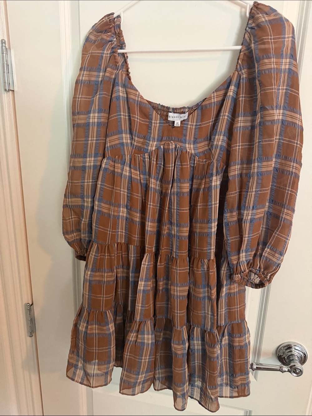 Gianni Bini Plaid Puff Sleeve Tiered Mini Dress XS Cottagecore